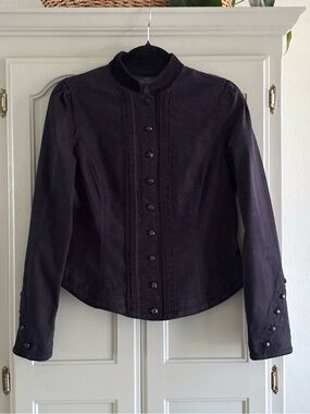 Lauren Ralph Lauren Black Denim Military Jacket Velvet Collar Pintuck Victorian